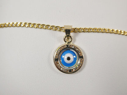 Real 14k Solid Yellow Gold 16 Inch Curb Chain and Evil Eye Pendent Charm