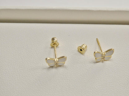 Real 10k Solid Yellow Gold White Enamel Butterfly Screw Back Earrings