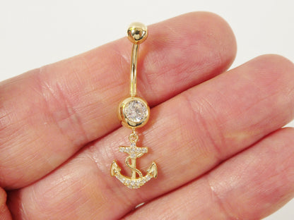 14k Real Solid Yellow Gold Dangling Anchor Belly Button Ring Piercing