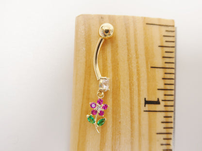 14k Real Solid Yellow Gold Color Leaf Flower Dangling Belly Button Ring Piercing