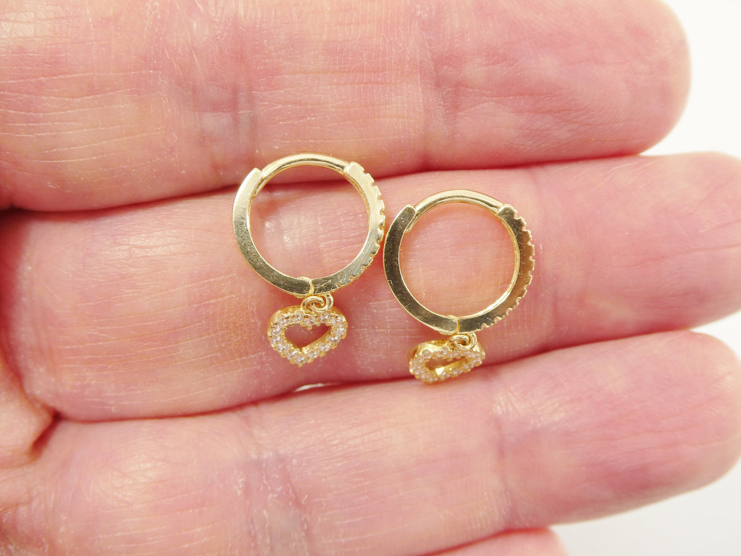 real 10k solid yellow gold dangle heart full micro fave setting hoop huggie earrings