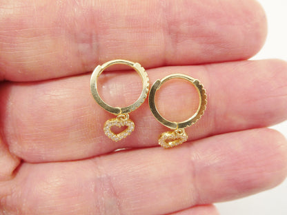 Real 10k Solid Yellow Gold Dangle Heart Full Micro Fave Setting Hoop Huggie Earrings