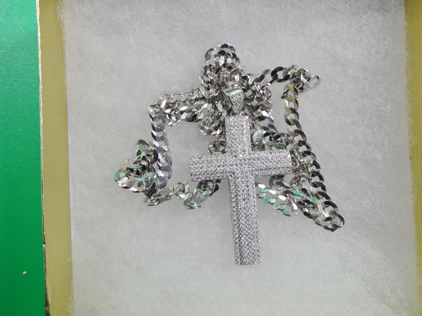Sterling Silver Cross Pendant Necklace: 14k White Gold Tone, 24 Inch Cuban Chain