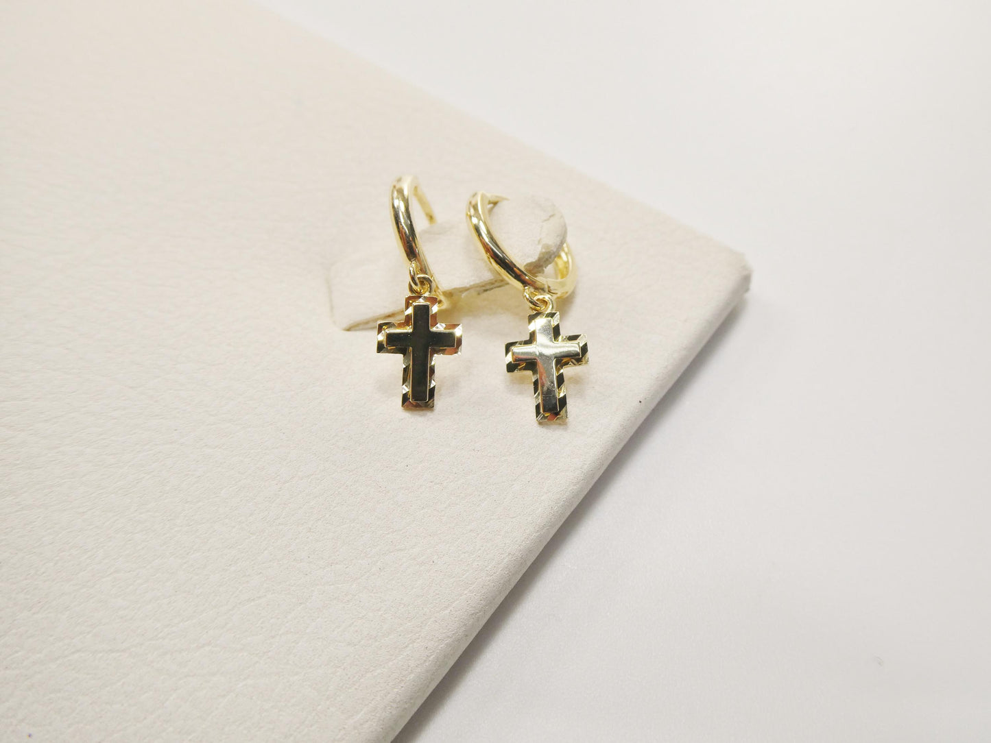 real 10k solid yellow gold cross dropping hoop huggie earring