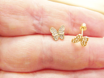 Real 10k Solid Yellow Gold Butterfly Screw Back Post Earrings