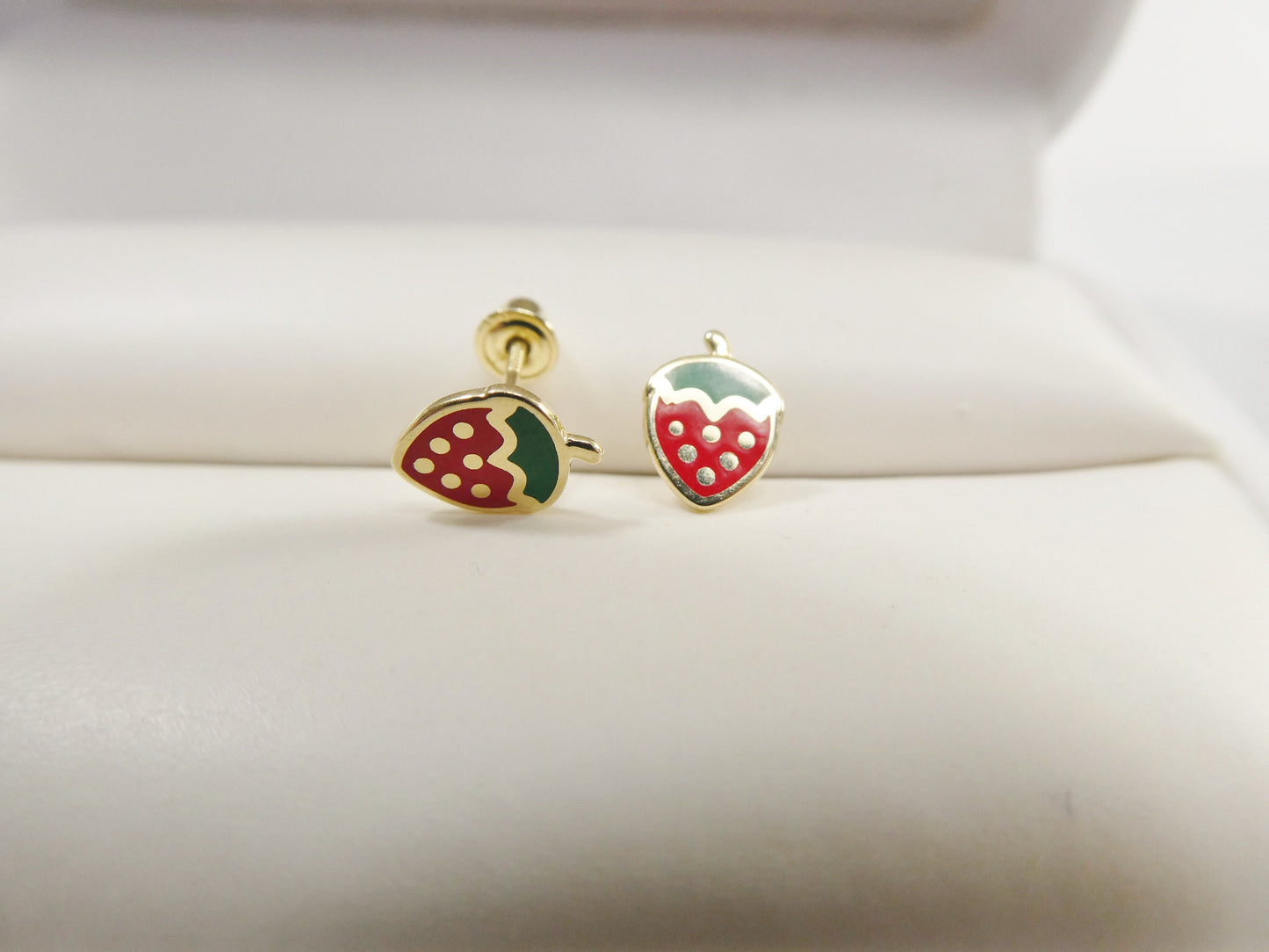 10k real solid gold kids enamel strawberry screw post earrings