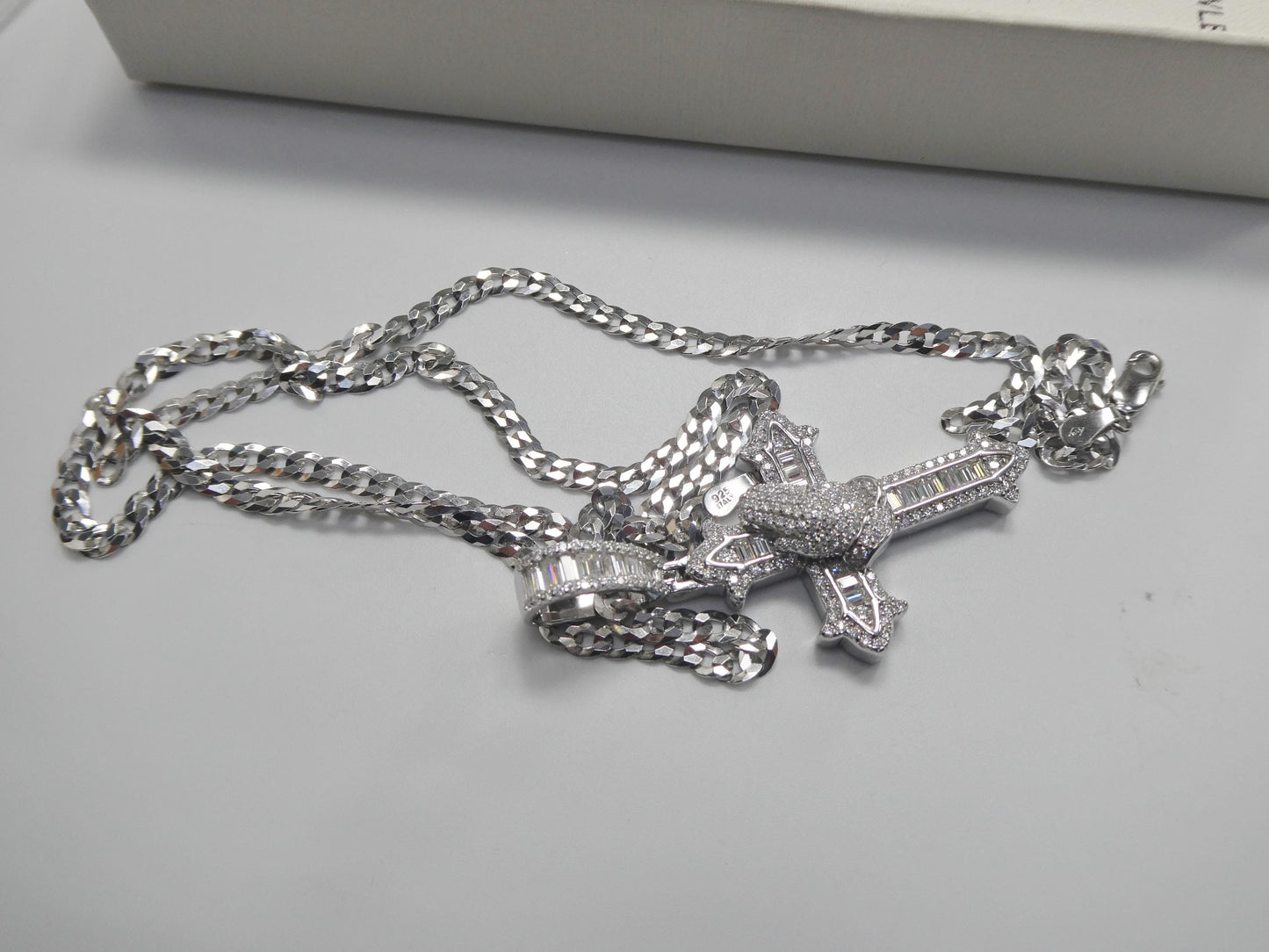 real 925 sterling silver 22 inch flat chain and moissanite cross pendent charm