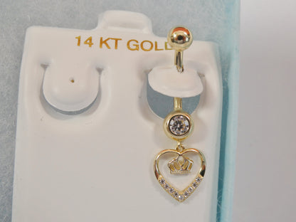 14k Real Solid Yellow Gold Dangling Crown Heart Belly Button Ring Piercing