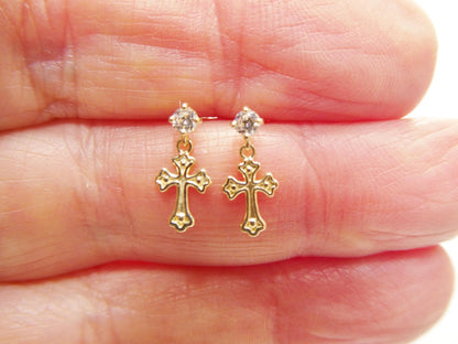 Real 10k Solid Yellow Gold Cross Dropping Push Post Earrings