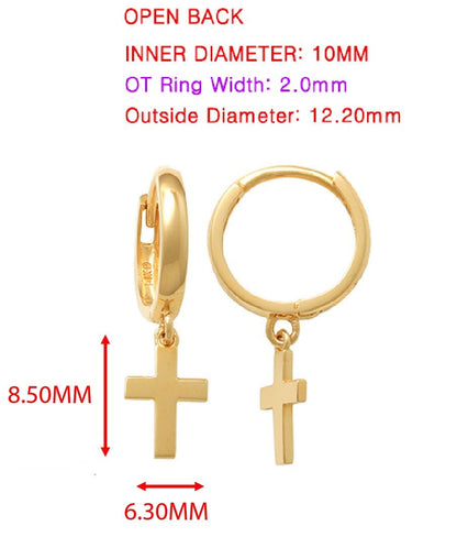 Real 10k Solid Yellow Gold Cross Dropping Hoop Huggie Earrings