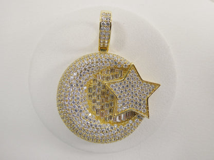 Real 925 Sterling Silver Large Muslim Moon & Star Pendent Full Ice Stone Charm
