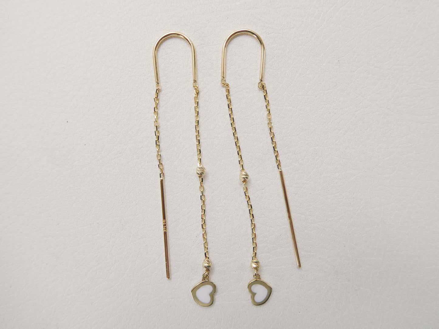 14k real solid yellow gold white heart enamel long dangling earrings