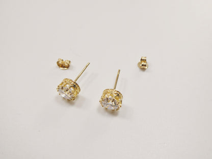Real 10k Solid Yellow Gold Crown Style Push Post Circle Stud Earrings