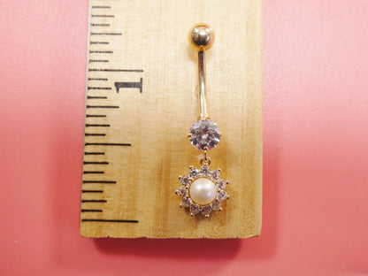14k Real Solid Yellow Gold Dangling Freshwater Real Pearl Belly Button Ring Piercing