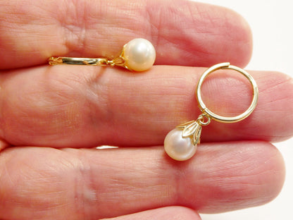 Real 10k Solid Yellow Gold Shell Cultured Freshwater Pearl Plain Hoop Huggie Earrings