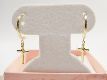 Real 10k Solid Yellow Gold Hoop Huggie Dangle Plain Cross Earrings