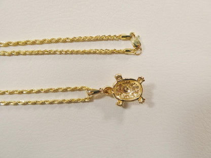 14k Real Solid Yellow Gold Turtle Pendent and Rope Necklace