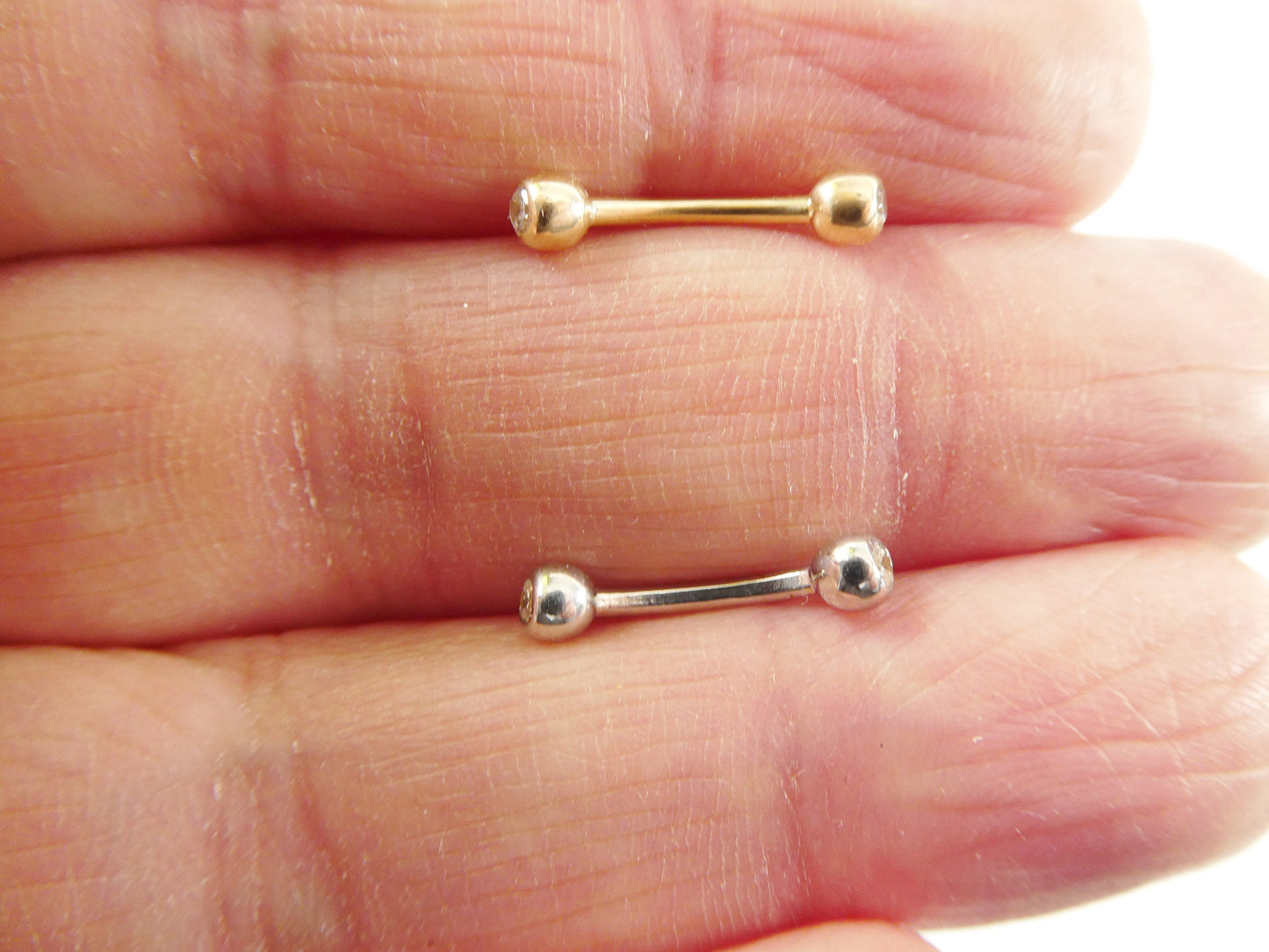 14K real solid yellow gold white gold eyebrow cz both side curve piercing