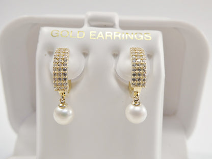 Real 10k Solid Yellow Gold Cultured Freshwater Pearl Dropping Hoop Huggie Earrings