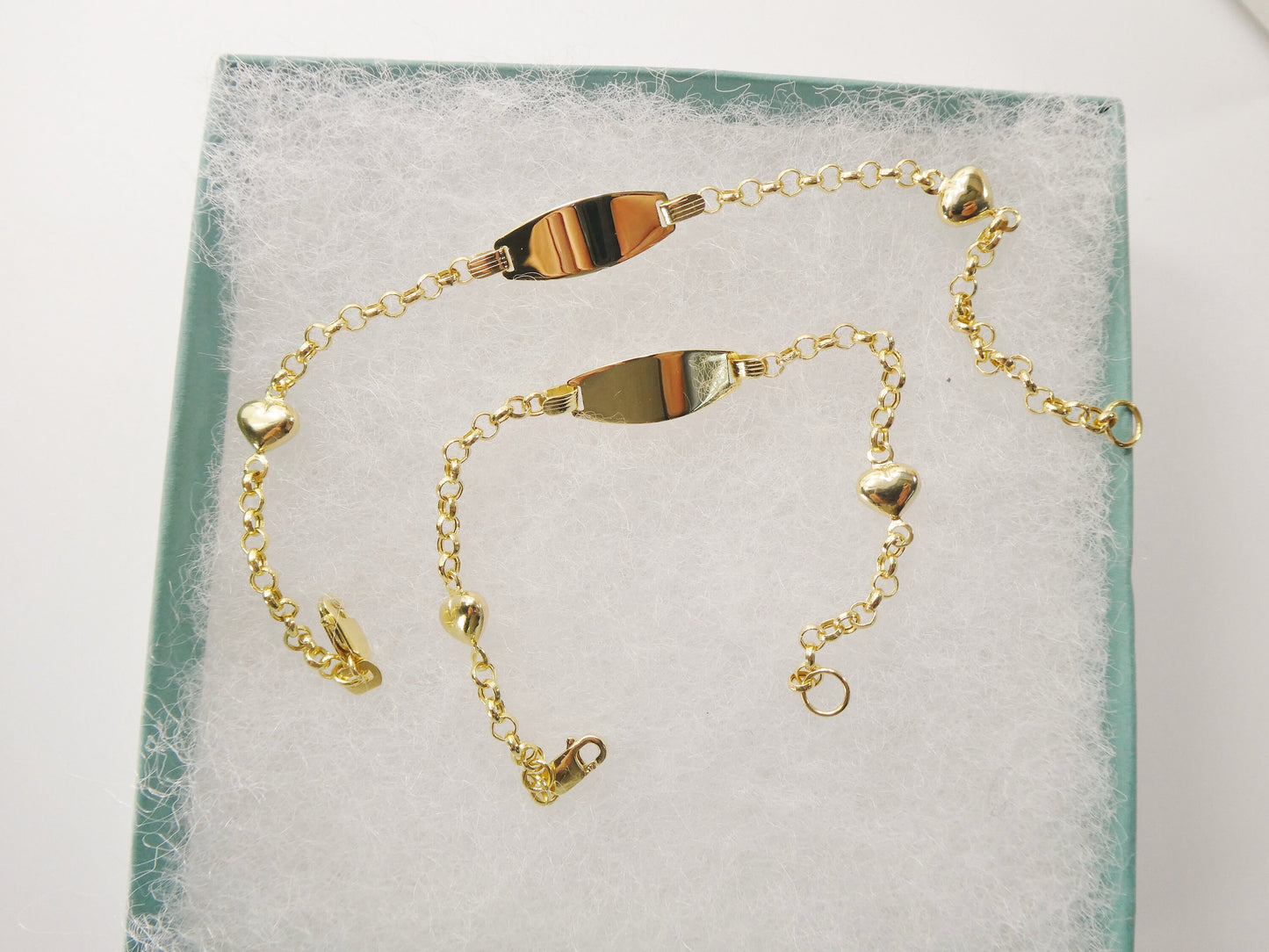 real 10k solid yellow gold 5.5/ 6.5 inch children/women double heart id bracelet