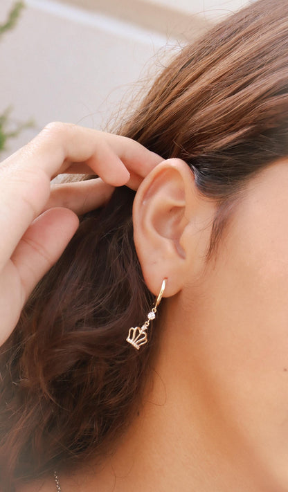 Real 10k Solid Yellow Gold Crown Hoop Huggie Earring