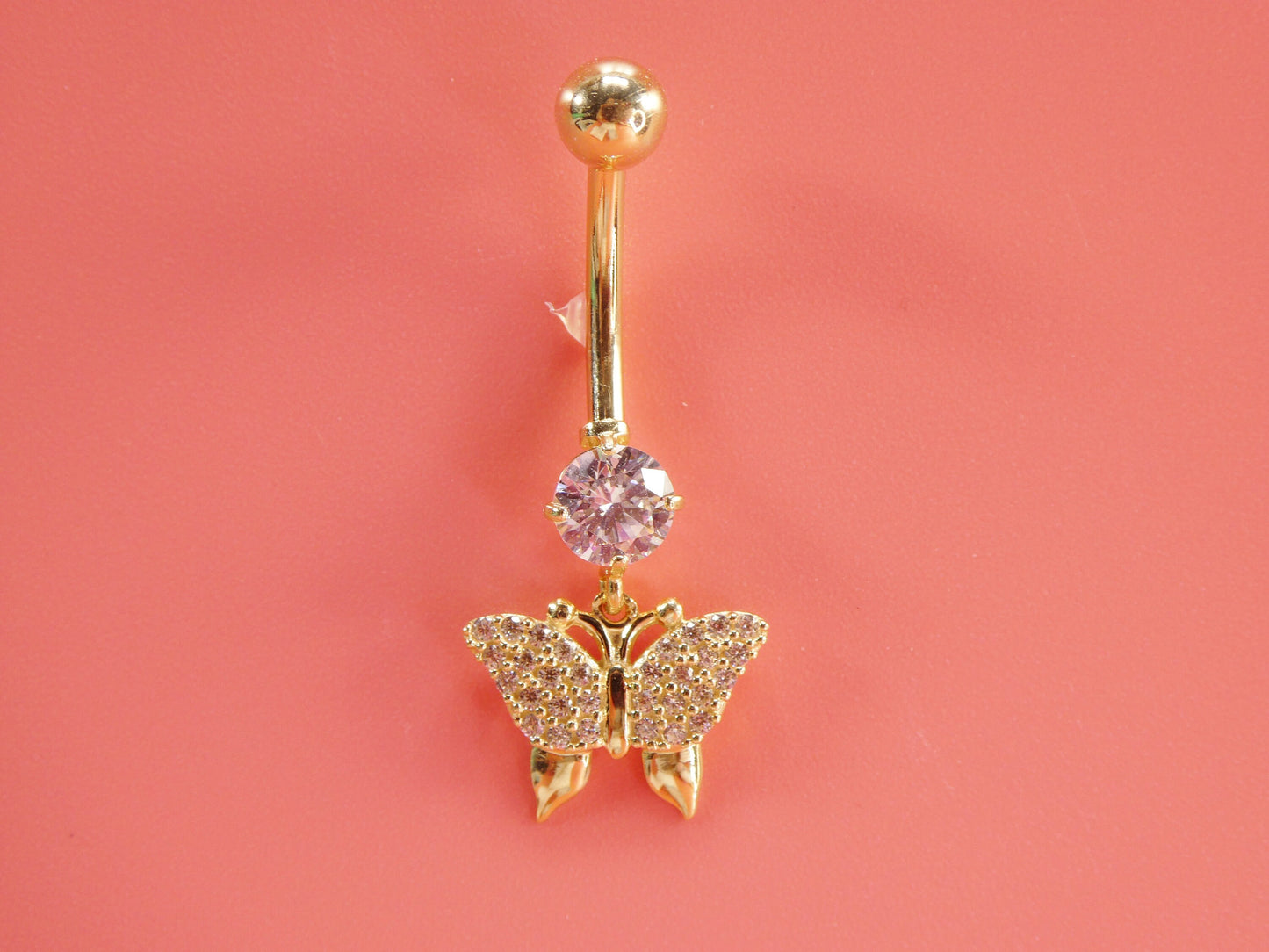 14k real solid yellow gold dangling butterfly belly button ring piercing