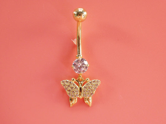 14k real solid yellow gold dangling butterfly belly button ring piercing