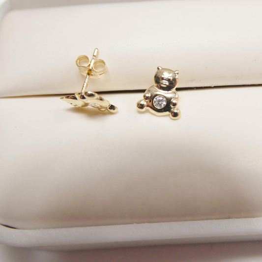 10k Real Solid Gold Teddy Bear Pink Stone Center Earrings