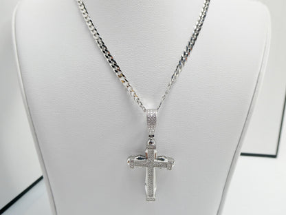 Real 925 Sterling Silver 22 Inch Flat Chain and Moissanite Cross Pendent Charm
