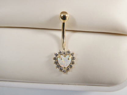 14k Real Solid Yellow Gold Heart Opal Belly Button Ring Piercing