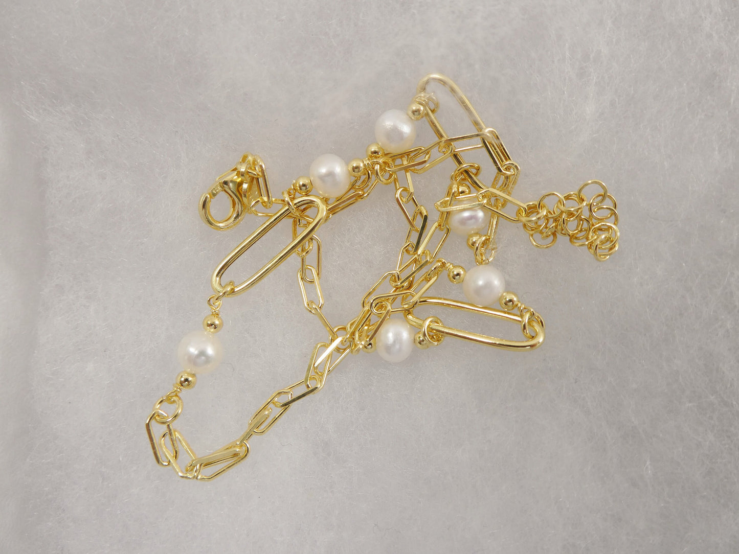 16 inch W/ 2 INCH EXTENTION  pearl / paper clip  necklace real 925 sterling silver 14k gold color finish