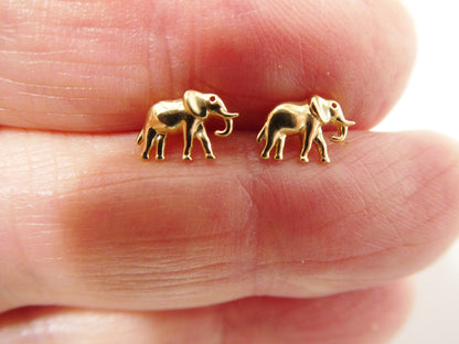 Real 10k Solid Yellow Gold Tiny Elephant Stud Earrings Dainty