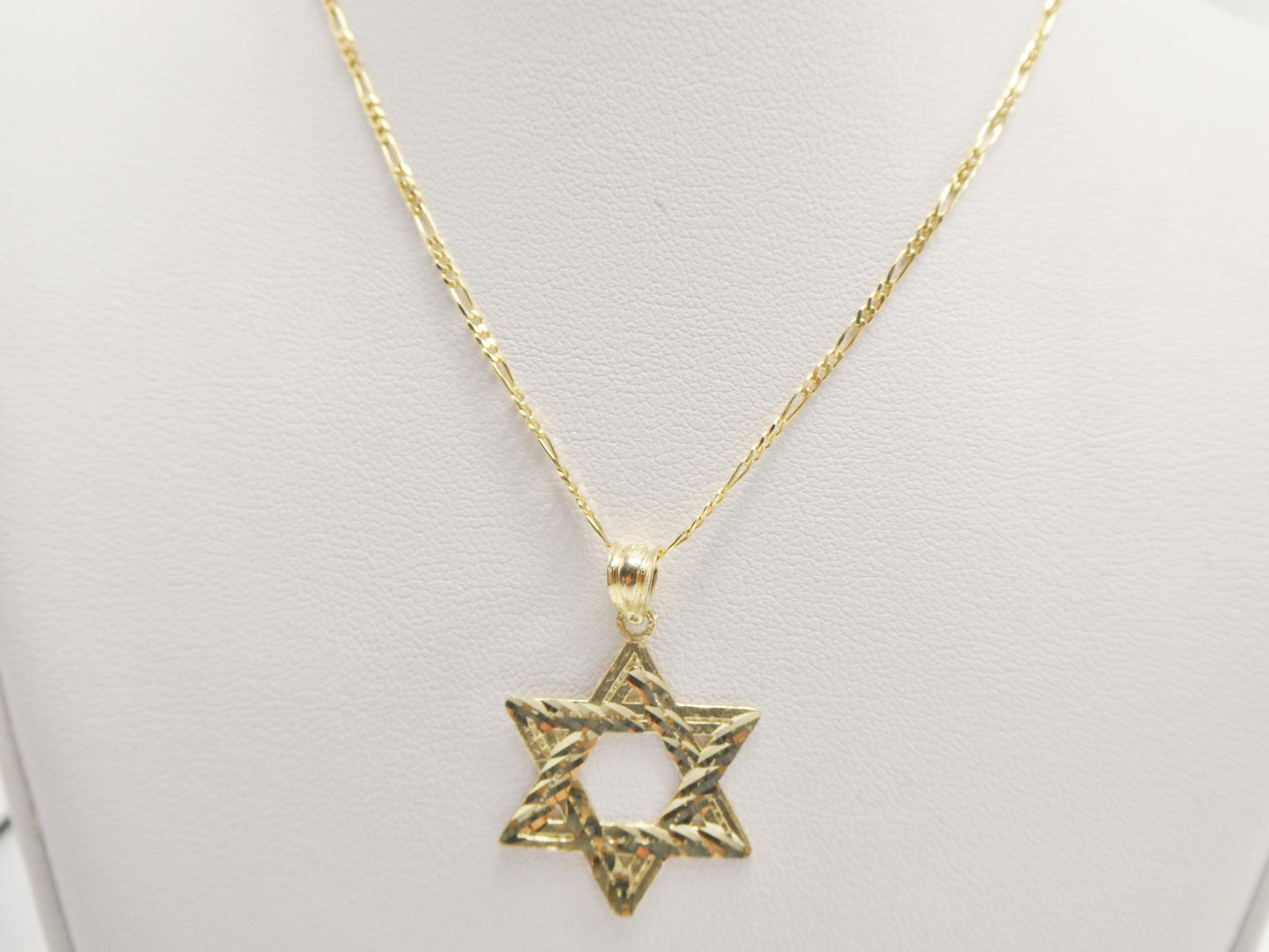 10k Yellow Gold Star of David Pendant Necklace: 18 inch Figaro Chain