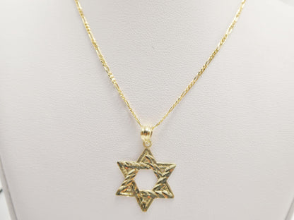 10k Yellow Gold Star of David Pendant Necklace: 18 inch Figaro Chain