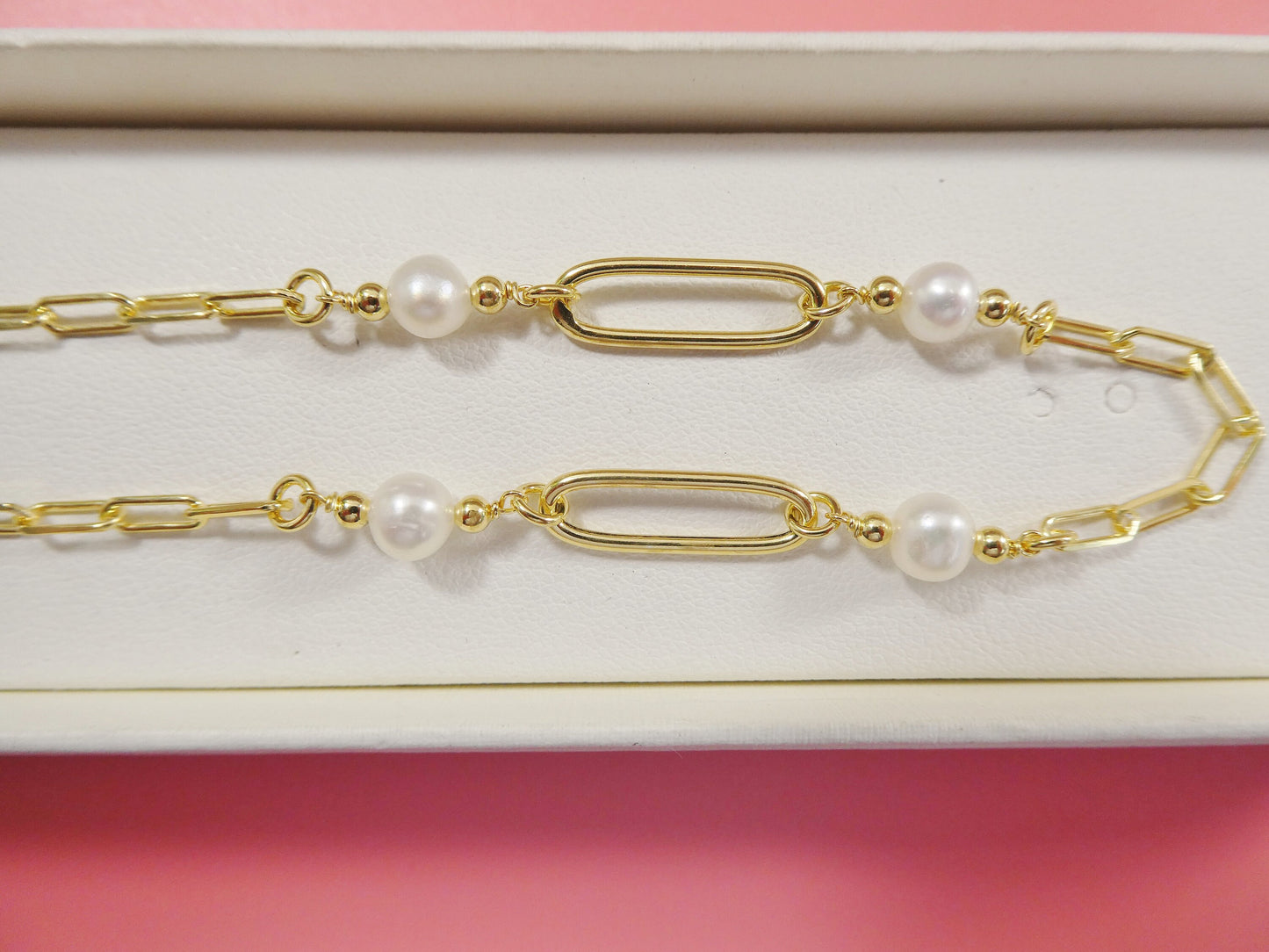 16 inch W/ 2 INCH EXTENTION  pearl / paper clip  necklace real 925 sterling silver 14k gold color finish