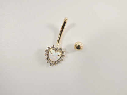 14k Real Solid Yellow Gold Heart Opal Belly Button Ring Piercing