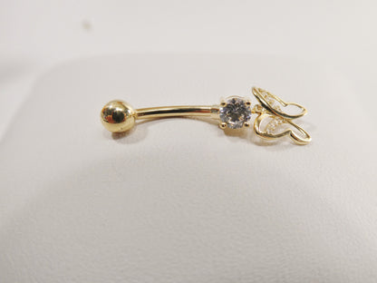 14k Real Solid Yellow Gold Butterfly Dangling Belly Button Ring Piercing