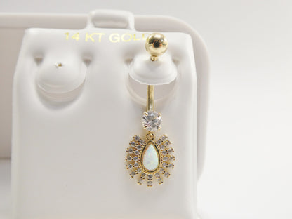 14k Real Solid Yellow Gold Dangling Barbell Opal Belly Button Ring Piercing