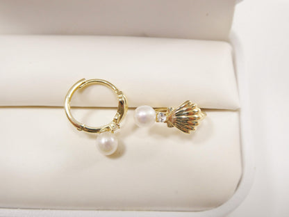 Real 10k Solid Yellow Gold Shell Cultured Freshwater Pearl Plain Hoop Huggie Earrings