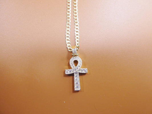 14k Yellow Gold Color Tone Chain and Cross Charm Pendent Over Real 925 Sterling Silver