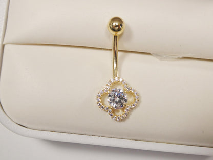 14k Real Solid Yellow Gold Flower Shaped Belly Button Ring Piercing