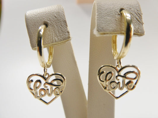 real 10k solid yellow gold script love letter heart drop super polish hoop huggie earrings