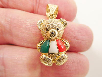 14k Real Solid Yellow Gold Mexcio Flag Teddy Bear Charm Pendent