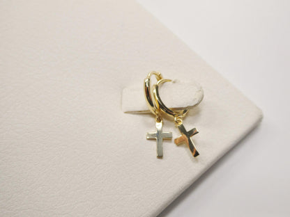 Real 10k Solid Yellow Gold Cross Dropping Hoop Huggie Earrings