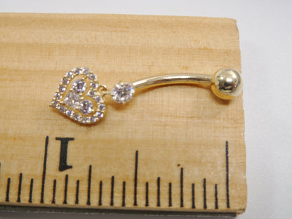 14k Real Solid Yellow Gold Dangling Heart Belly Button Ring Piercing
