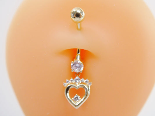 14k real solid yellow gold heart dangling belly button ring piercing
