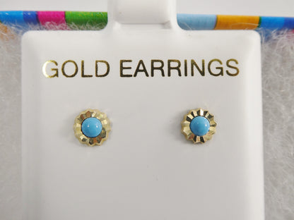 Real 10k Solid Yellow Gold Small Round Turquoise Push Post Stud Earrings