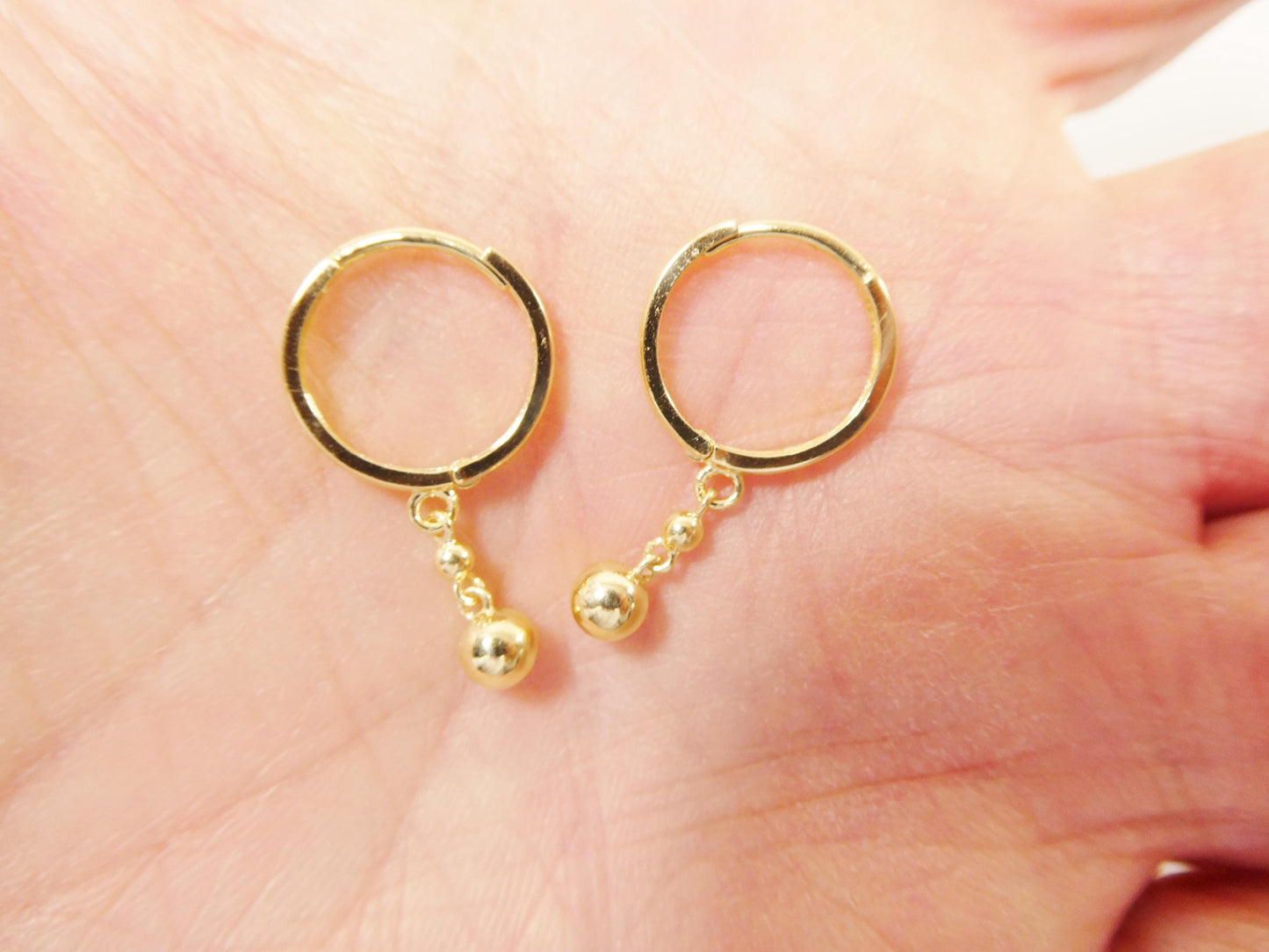 real 10k solid yellow gold ball drop hoop huggie earrings