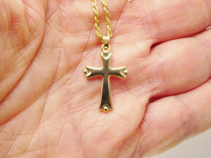 14k Real Solid Yellow Gold Super Polish Cross Pendent and Robe Necklace