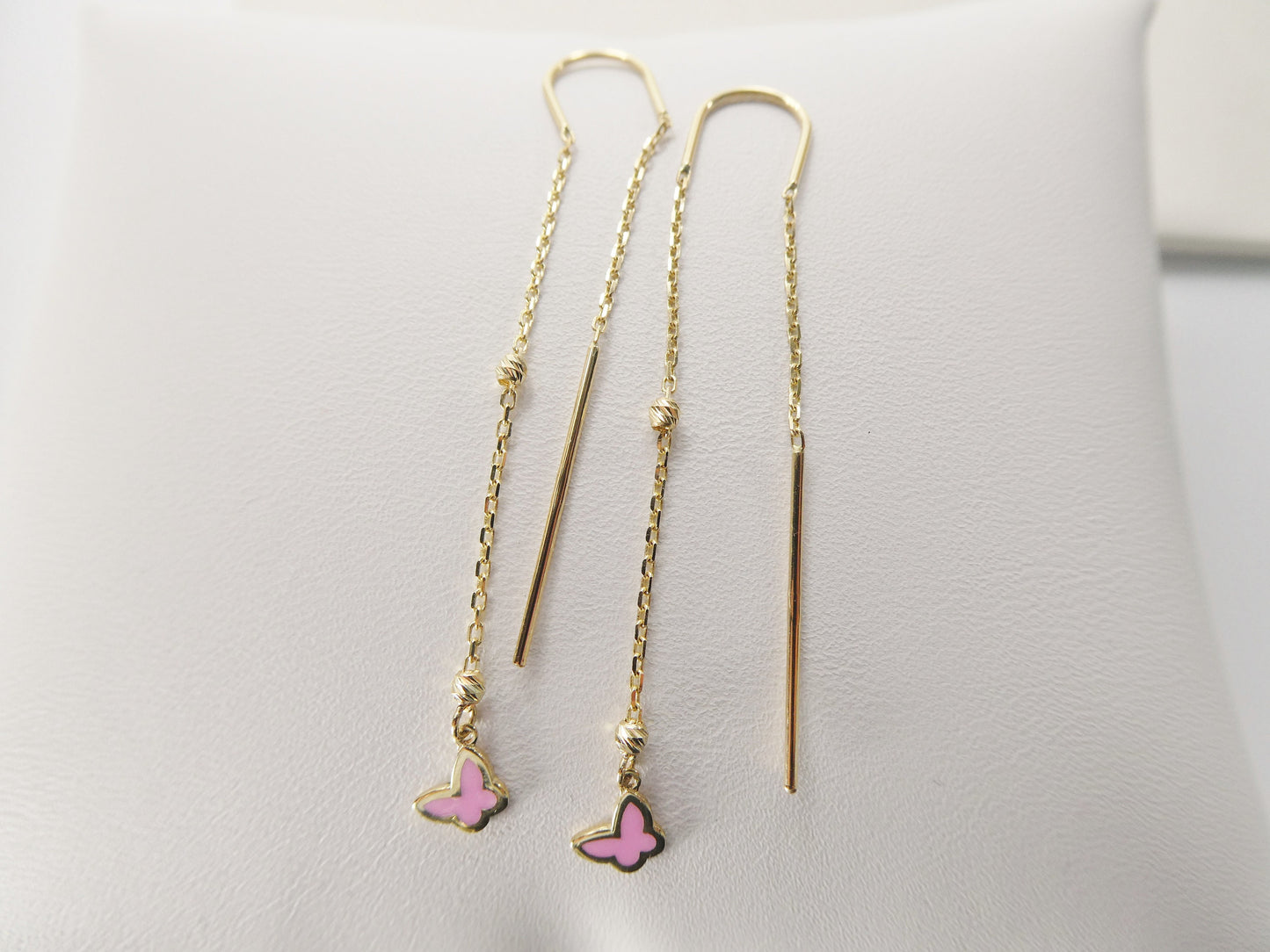 14k real solid yellow gold pink butterfly long dangling earrings